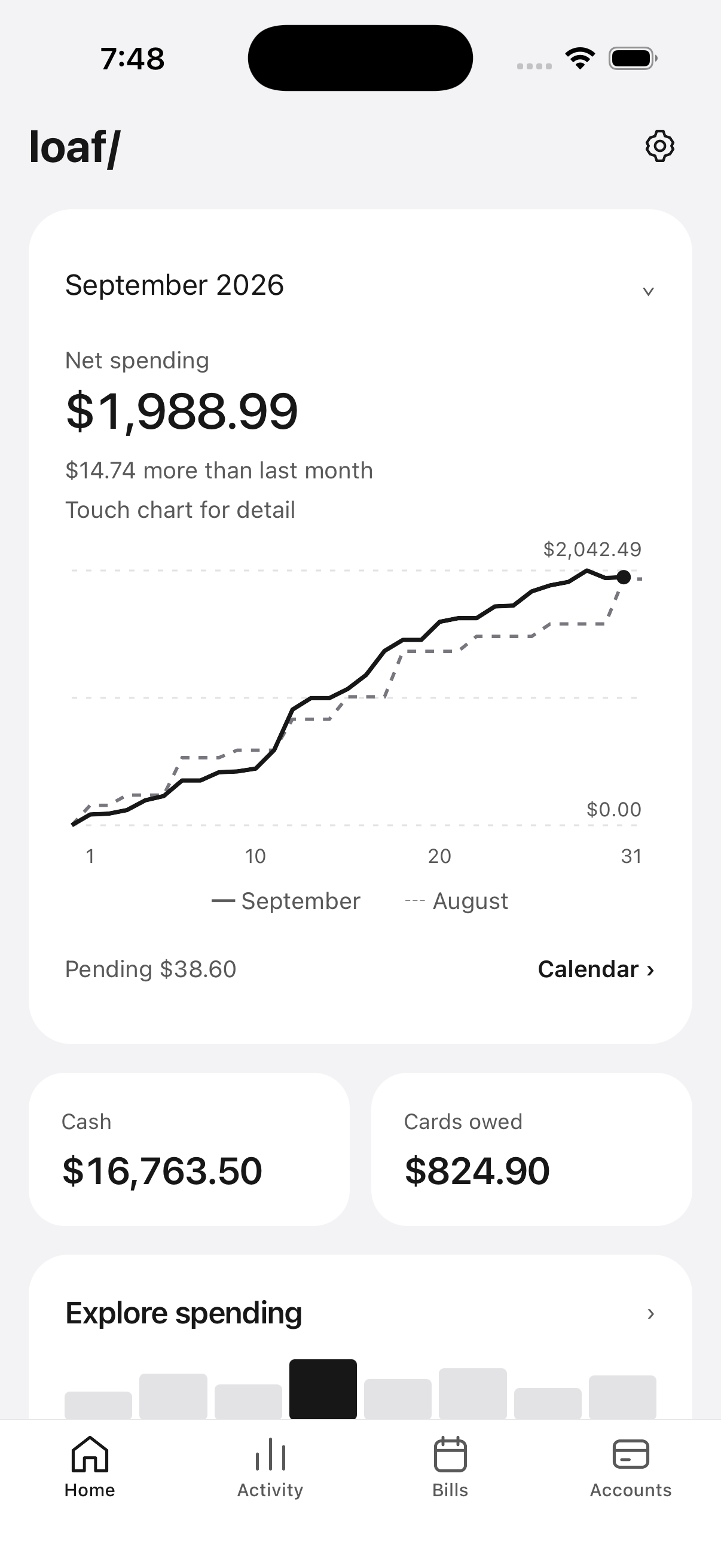 Loaf's monthly spending comparison and balances, using fictional sample data.